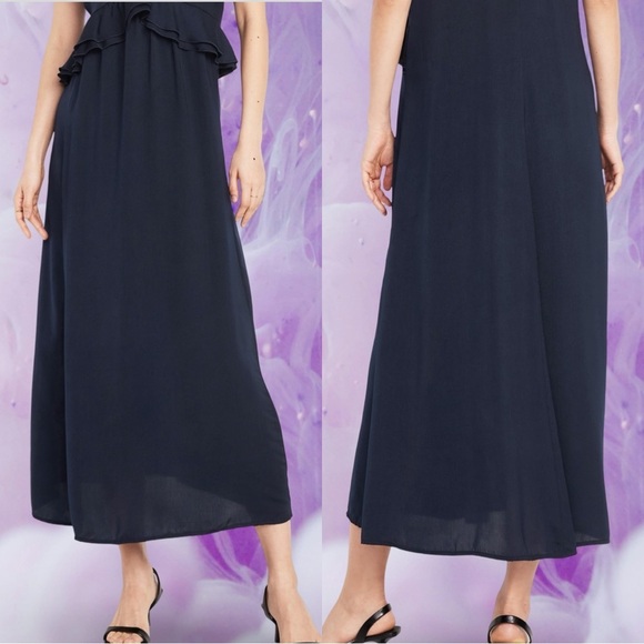 NWTSđź’“THE OCCASION LGđź’“ELITE LINE DEEP NAVY SATIN RUFFLED SLEEVELESS MAXI DRESS - Picture 7 of 16
